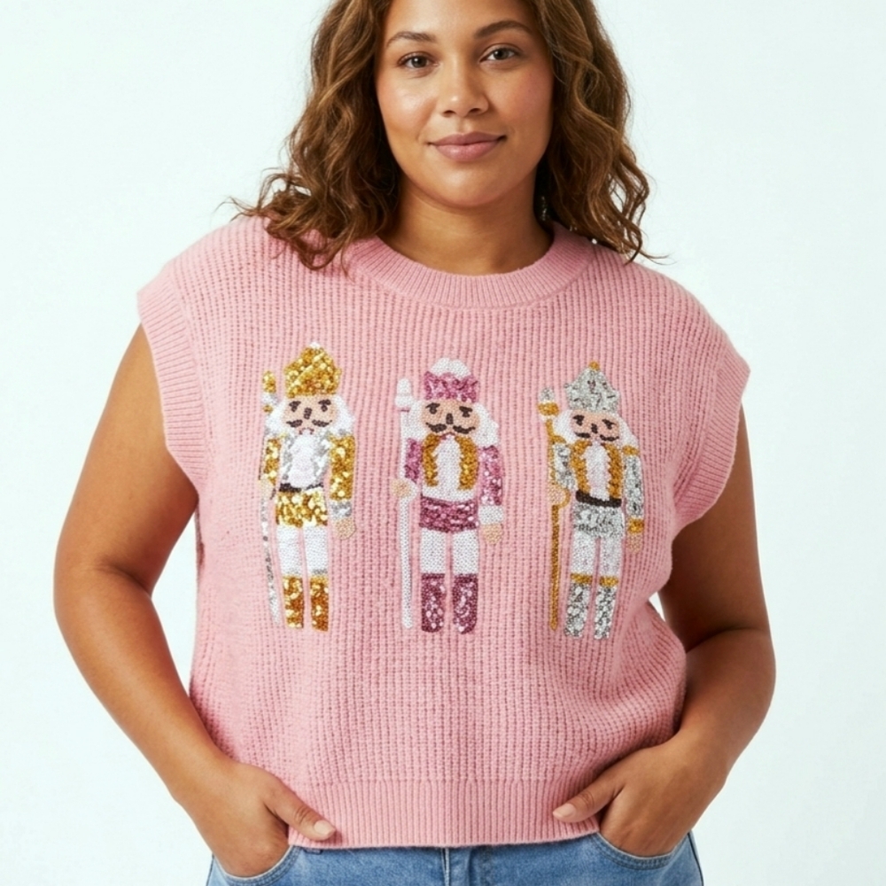 Peach Love California Sequin Nutcracker Sweater Vest Pink Sparkly Holiday Bling